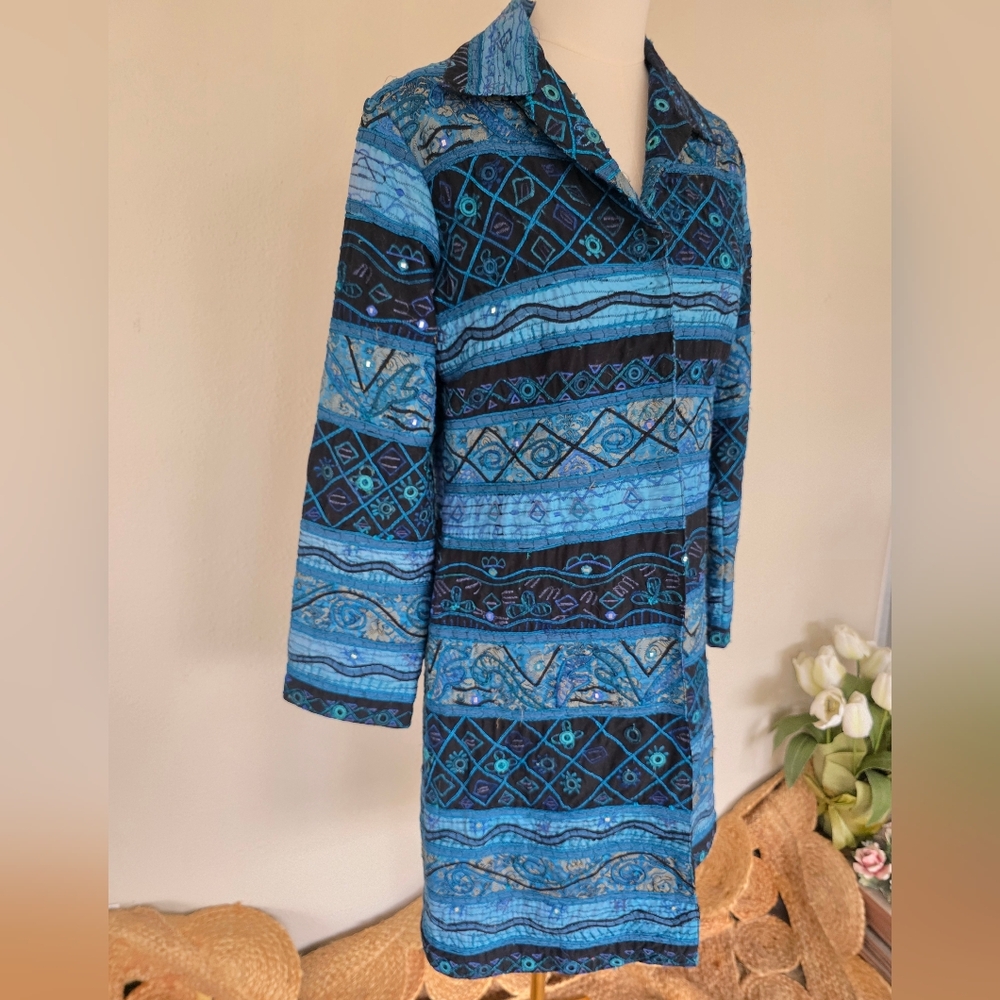 Chico's Artisan Blue Embroidered Patchwork Boho Longline Statement Jacket 1 M